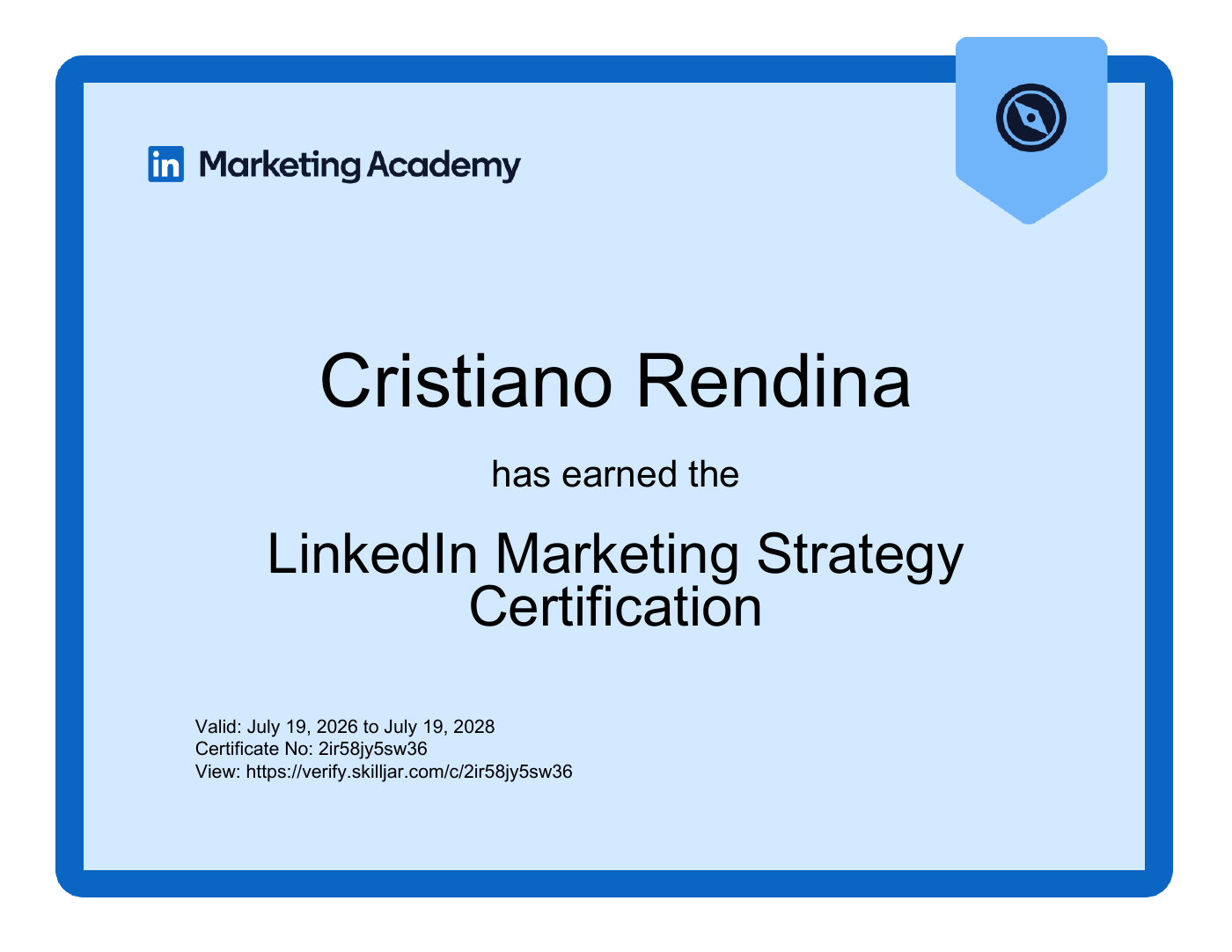Cristiano Rendina’s LinkedIn Marketing Strategy certificate