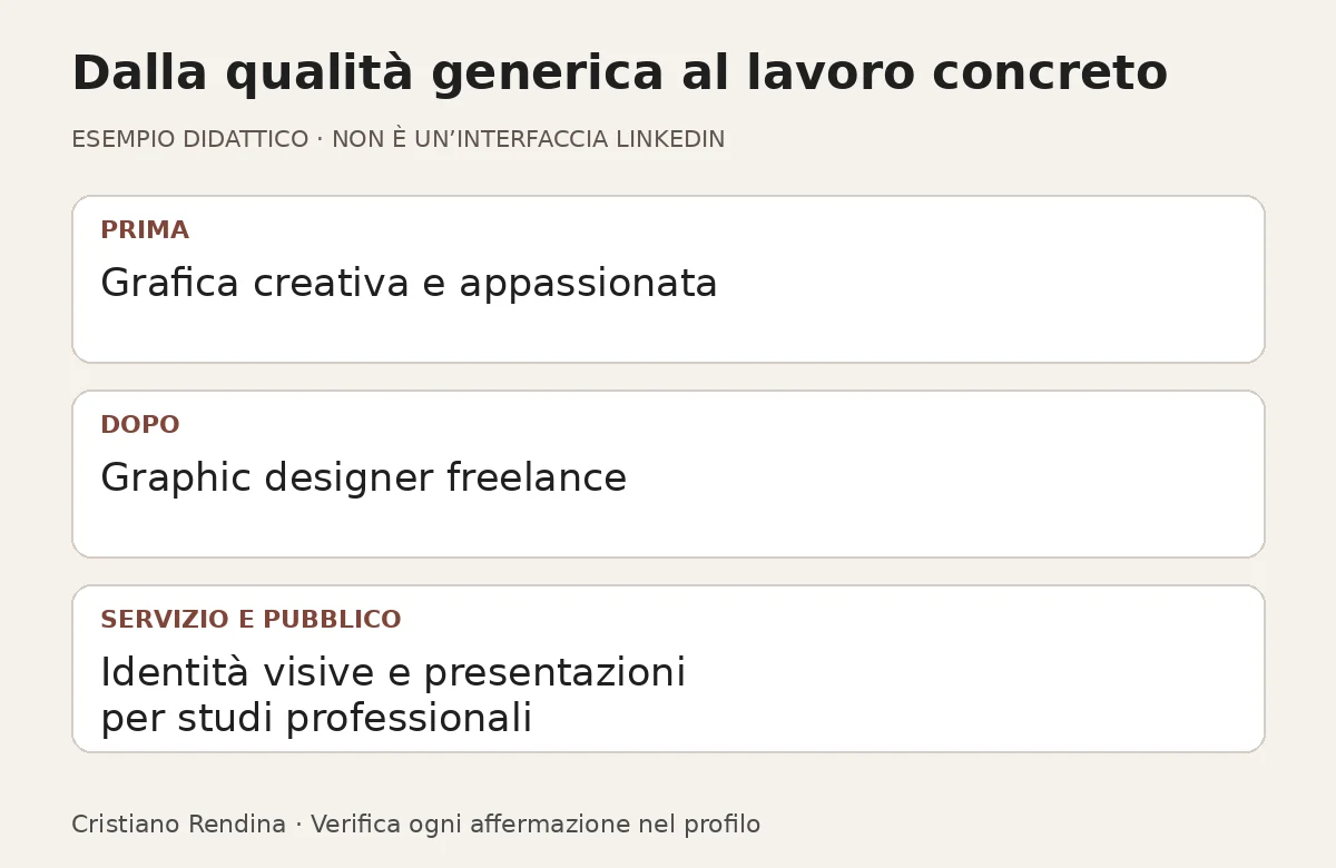 Confronto didattico: grafica creativa e appassionata diventa graphic designer freelance con servizi e pubblico specifici.