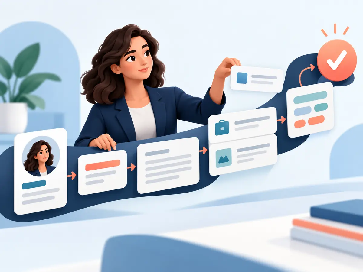 Illustrazione originale di una persona che organizza foto, presentazione, esperienze, progetti e competenze in un percorso professionale coerente.